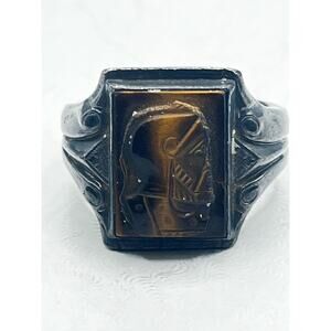 10K Solid Yellow Gold Mens Carved Hematite Roman Soldier Intaglio Cameo Rin Sz 9